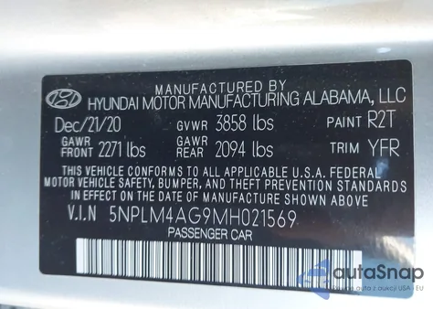 2021 Hyundai Elantra Sel z USA, uszkodzony, nr VIN 5NPLM4AG9MH021569
